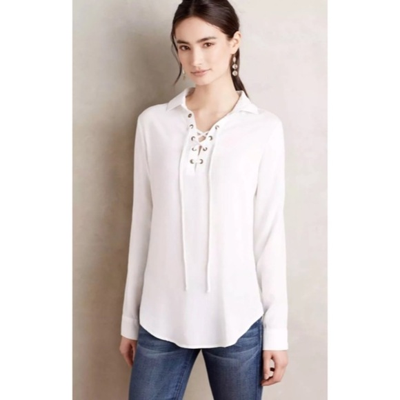Anthropologie Cloth & Tone Lace Up Tencel Blouse - Picture 2 of 12